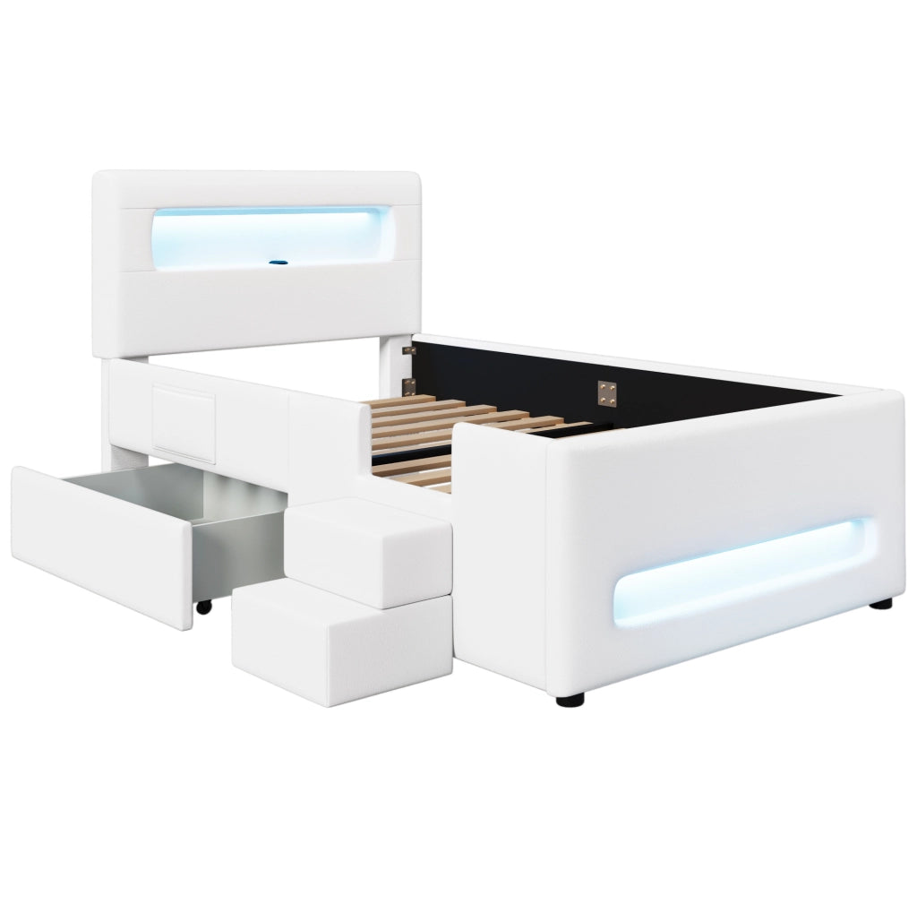 Letto piattaforma imbottito 90x200 cm bianco con cassetti, LED, USB e scaletta