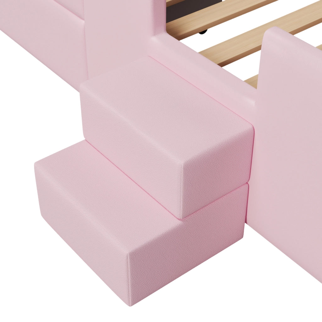 Letto singolo imbottito 90 × 200 cm con scala, cassetto su ruote e LED regolabile, senza materasso, rosa in PU