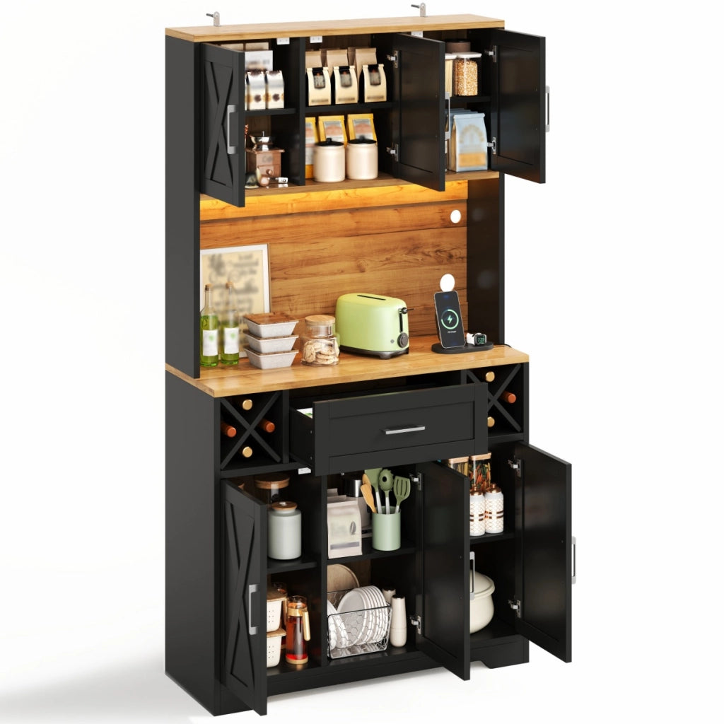 Credenza alta con vani chiusi; cassetto e portabottiglie estraibili con LED e prese per cucina 105×40×180 cm