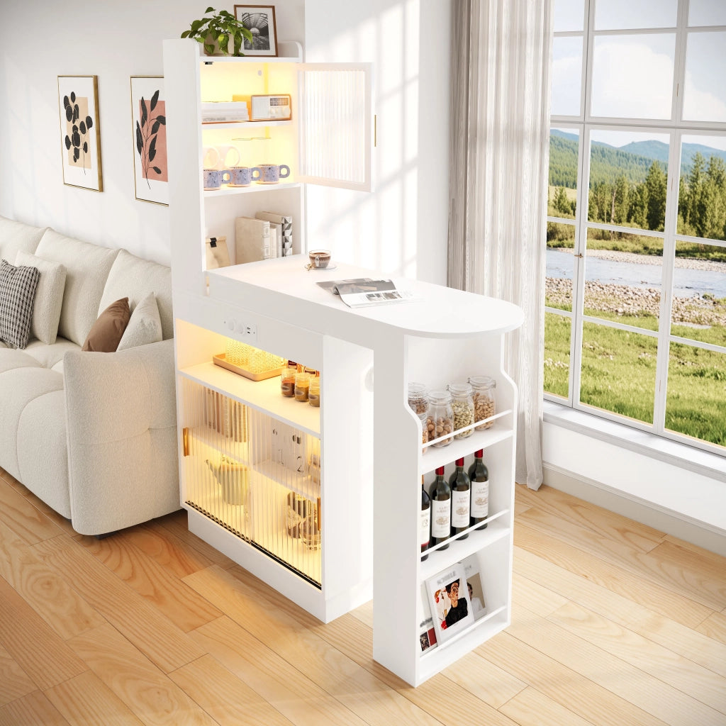 Bar allungabile e tavolo alto con contenitore, credenza e mobile da cucina con ante in vetro, illuminazione LED controllata via app, presa, USB e USB-C, bianco, 131–170 × 40 × 170 cm