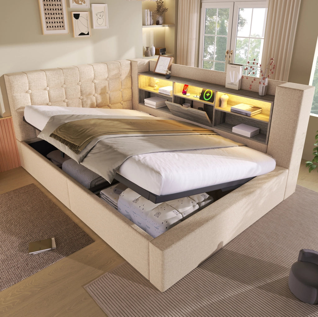 Letto imbottito 140x200 cm beige con materasso, LED, USB e contenitore