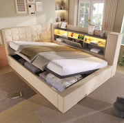 Letto imbottito 140x200 cm beige con materasso, LED, USB e contenitore