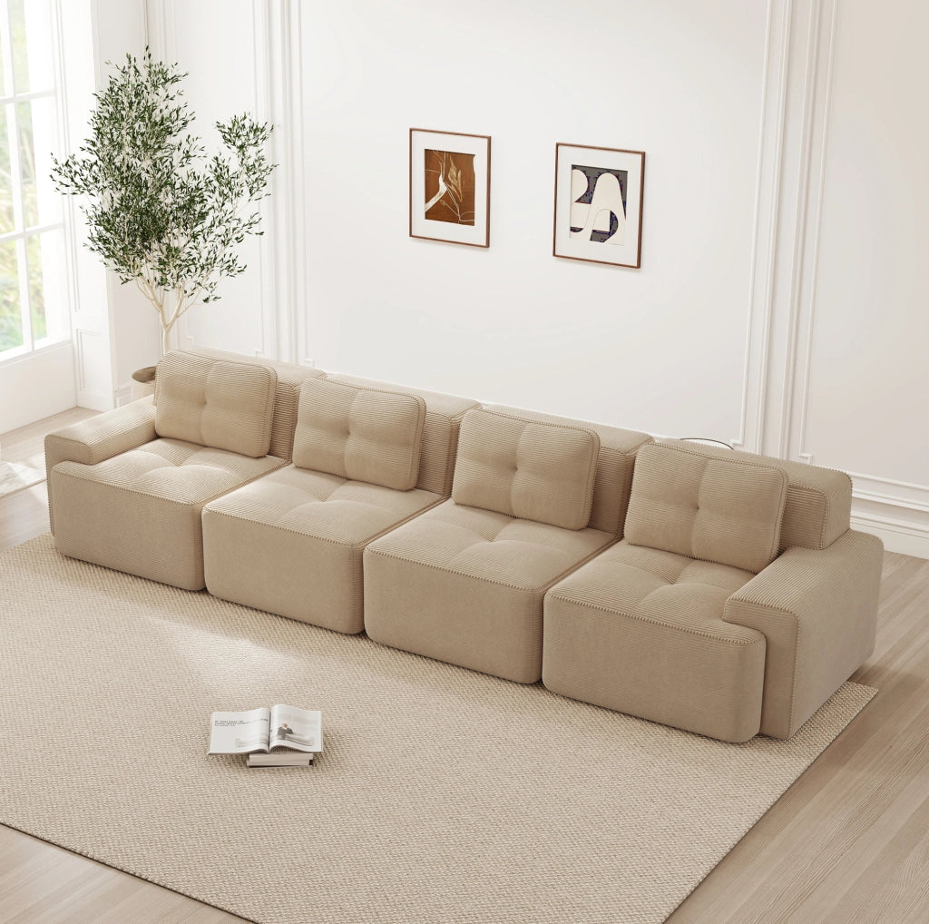 Divano modulare 4 posti in velluto con seduta profonda e struttura senza braccioli beige