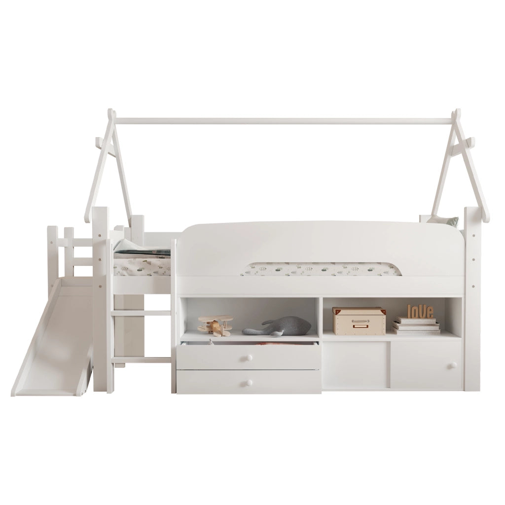 letto bambini massello legno mdf bianco 252.5 x 118 cm