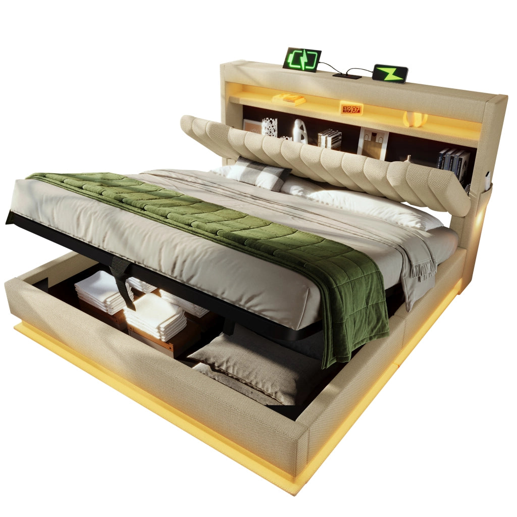 Letto matrimoniale 140 × 190 cm con contenitore LED USB e Type-C in lino beige con rete a doghe