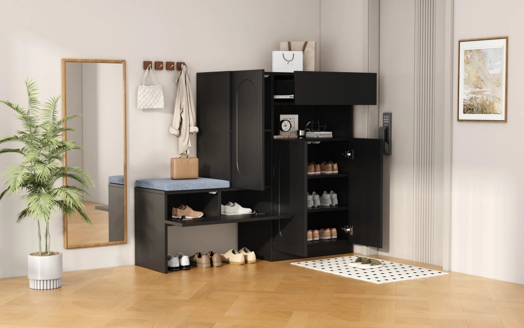 Scarpiera 2-in-1 con seduta imbottita, ante curve soft-close, ripiani regolabili, nero, 130×35×110 cm