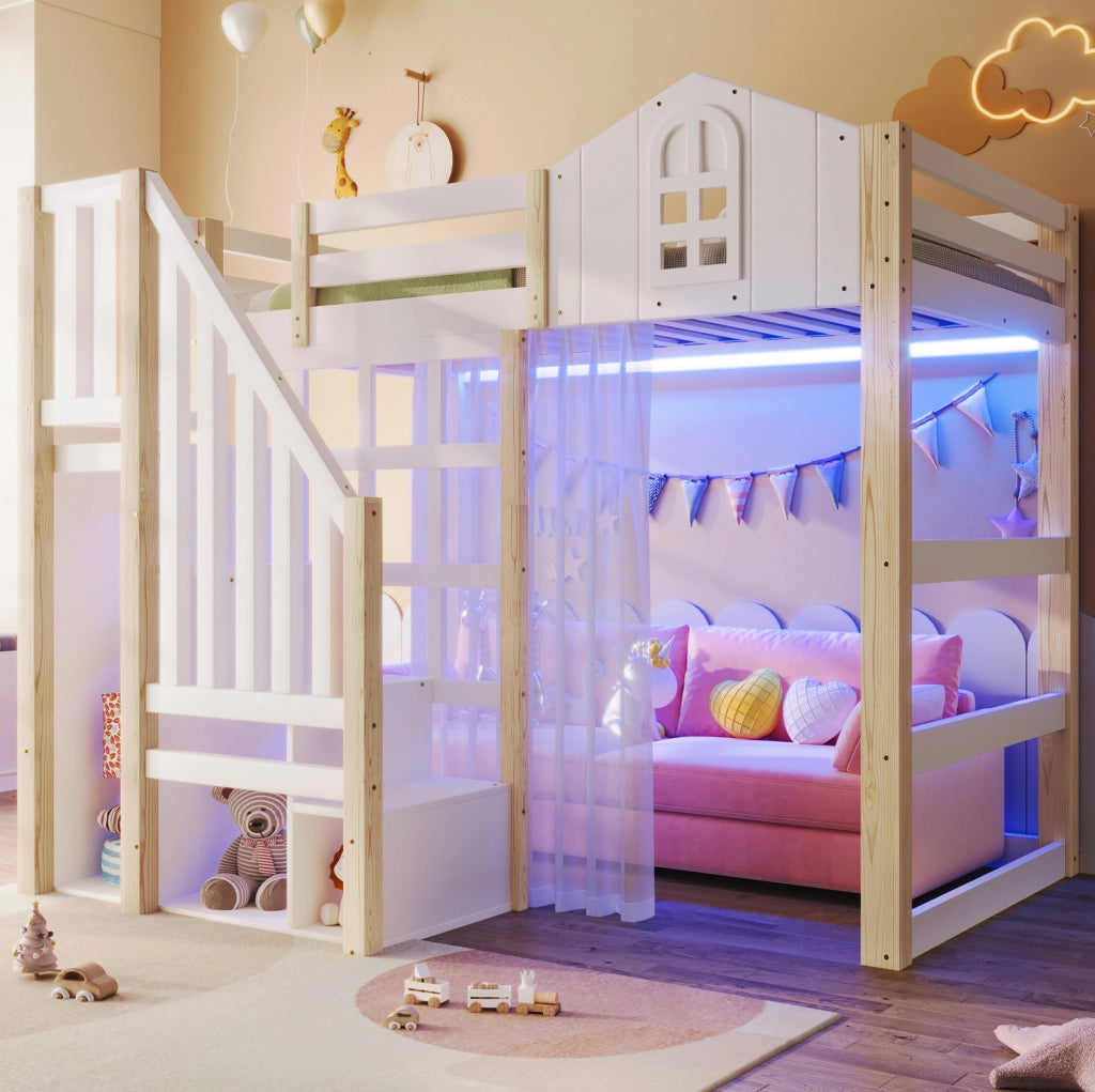 Letto a soppalco in pino e MDF 90x200 cm con illuminazione LED, scaletta con ripiani, tenda in voile bianca, design finestra, bianco e naturale