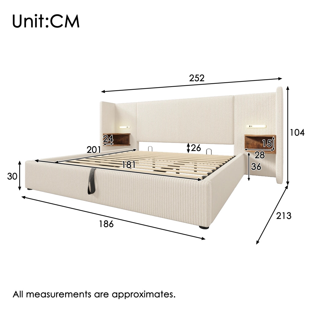 Letto matrimoniale 180×200 cm 2 posti con contenitore; mensole; luci da lettura USB e Type-C; senza materasso; beige