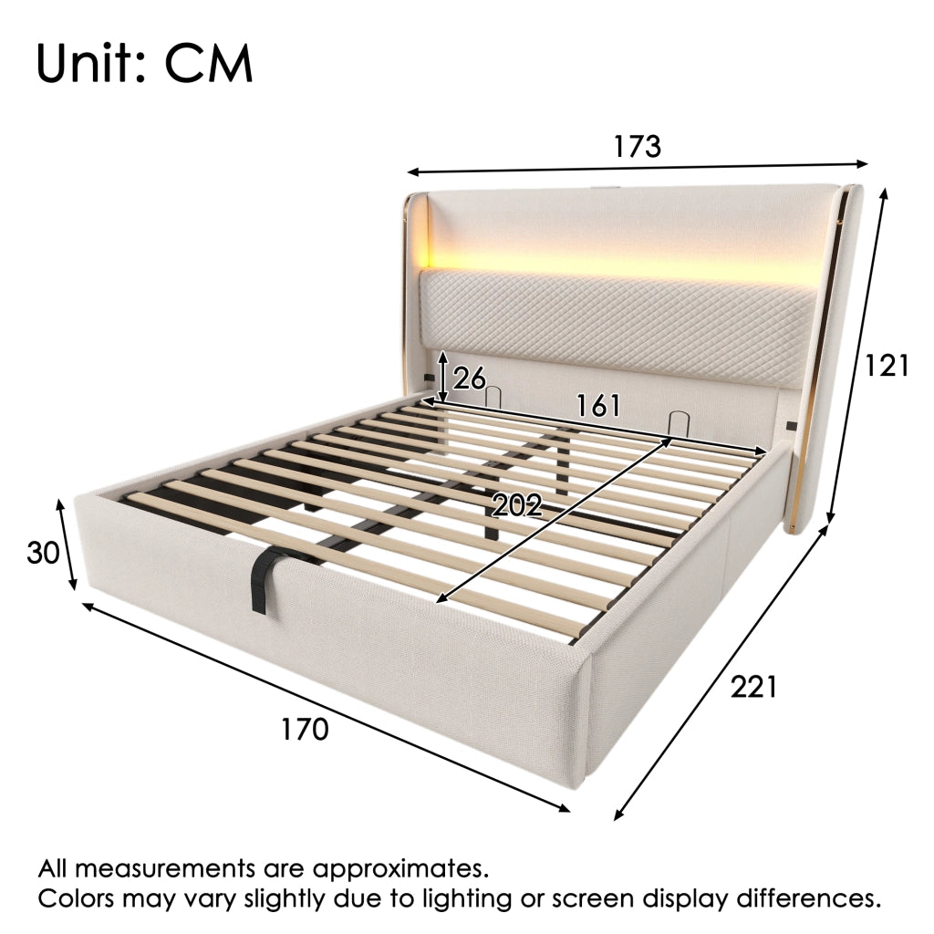 Letto Contenitore 160x200 cm; Letto Matrimoniale - LED; USB; Type-C in Lino Beige