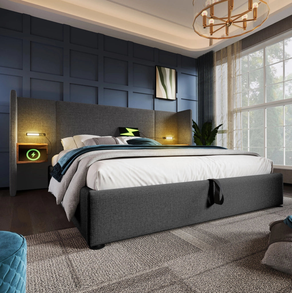 Letto imbottito 160x200 cm grigio con vano contenitore, luce LED, USB e Type-C