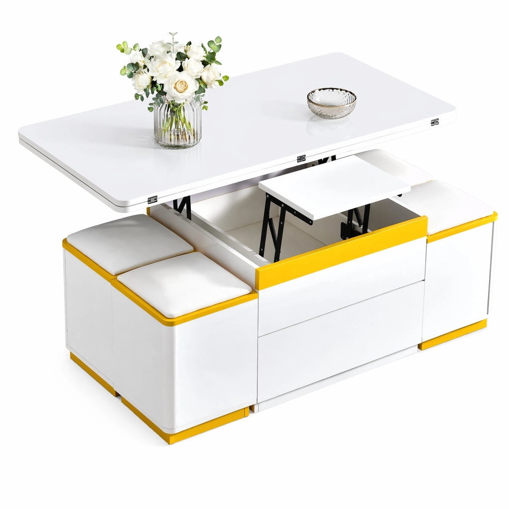 Tavolino trasformabile bianco e giallo con 4 sgabelli contenitore, 100 x 50 cm