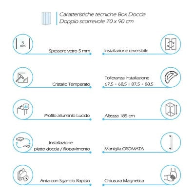 Box doccia 70x90 angolare doppio scorrevole con vetro temperato trasparente e profili cromo Geo
