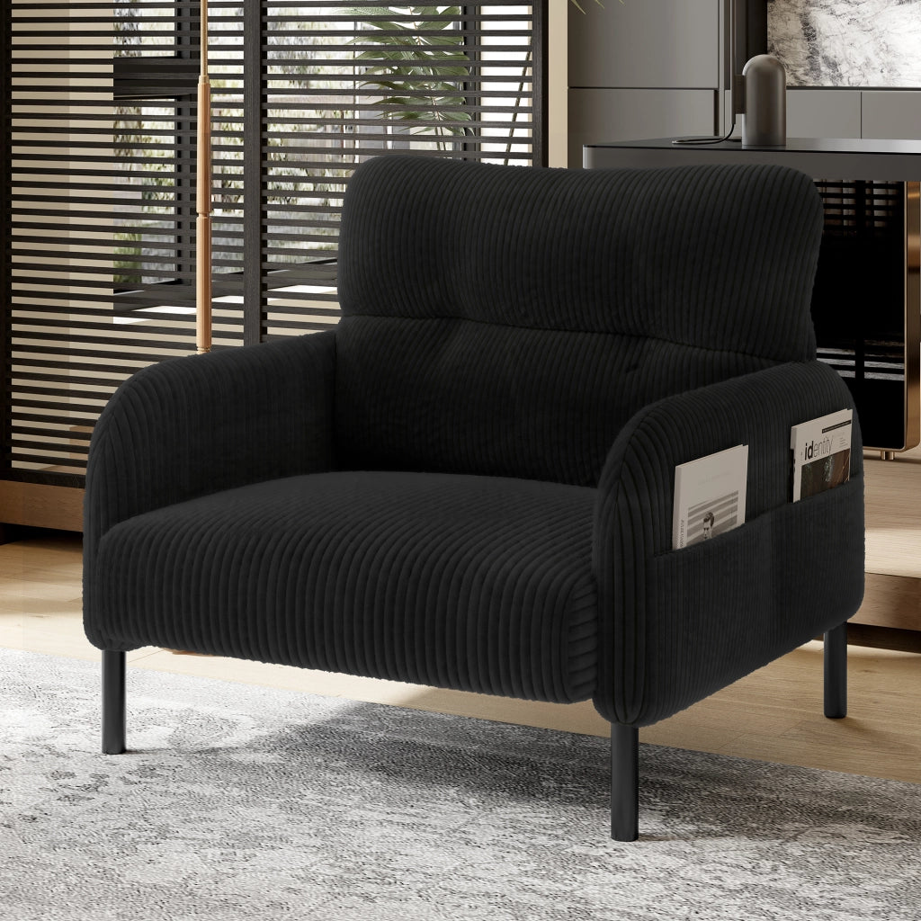 Poltrona singola 67x75x79 cm in tessuto a coste nero con tasca laterale