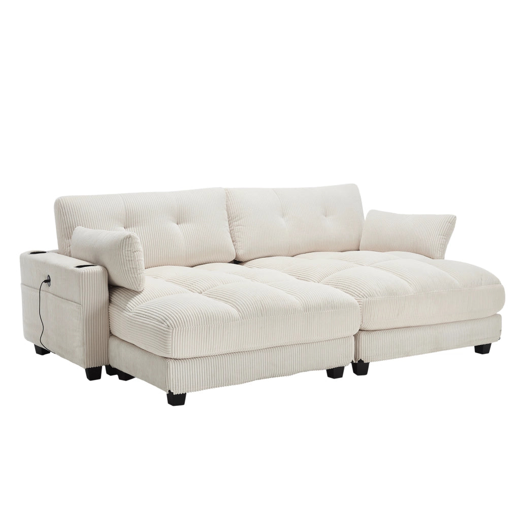 Poltrona lounge in velluto a coste beige con USB e portabevande