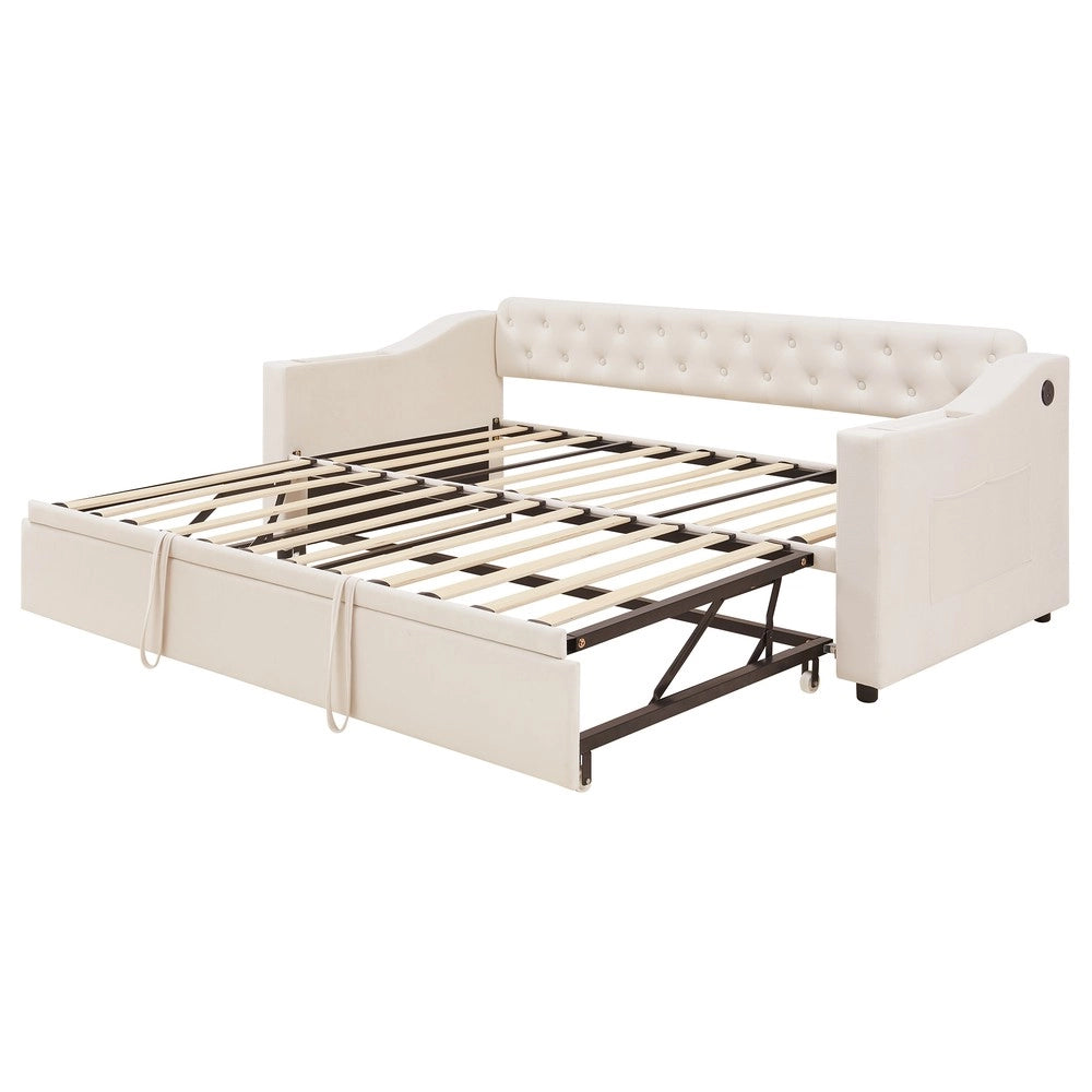 Letto Imbottito con Rete a Doghe e USB ¨C MINIMAL ¨C Velluto Beige 90x190 / 180x190
