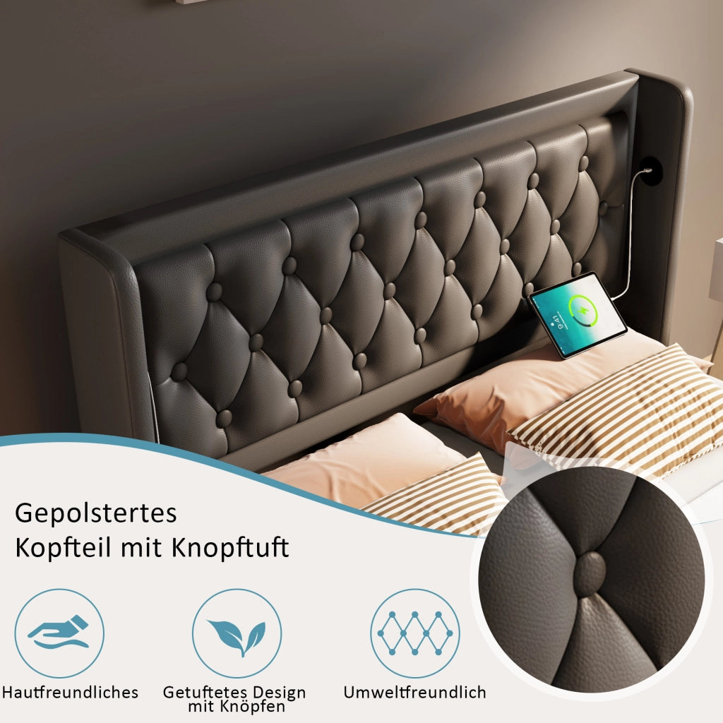 OKWISH Letto Contenitore 160×200 cm, Letto Matrimoniale con USB, Type C e LED Regolabile, senza Materasso, in PU, Nero