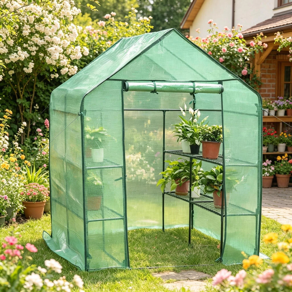 Serra da giardino con copertura in PE e struttura in acciaio verniciato a polvere verde 143 × 143 × 195 cm