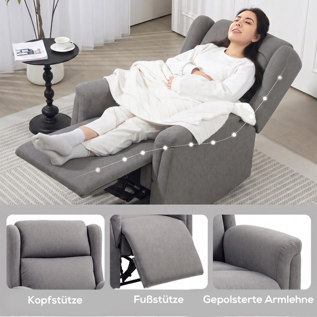 Poltrona relax reclinabile 160° con poggiapiedi effetto lino grigio scuro facile da montare per soggiorno
