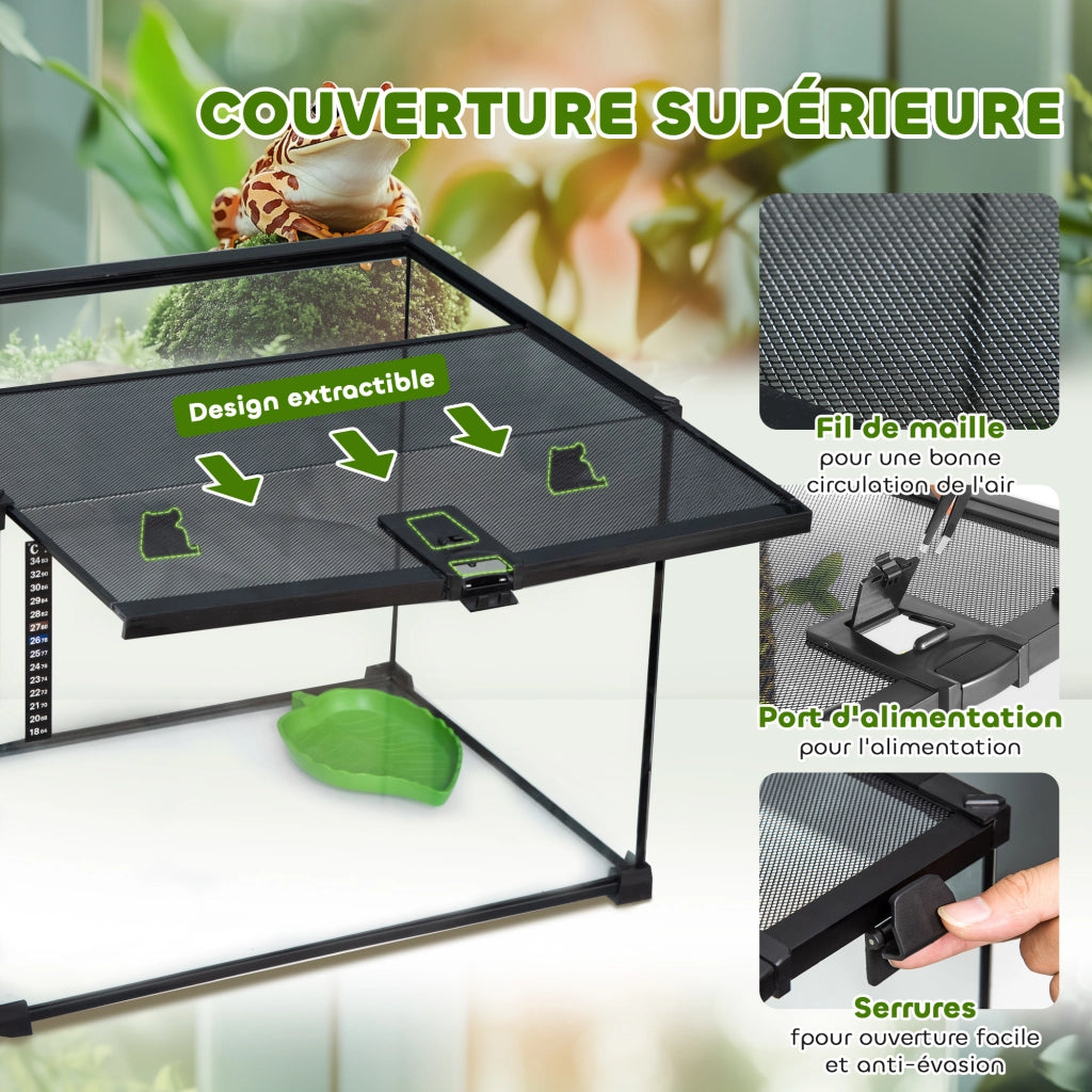 Terrario per rettili con coperchio scorrevole in rete metallica e termometro, scatola di allevamento robusta e pratica per piccoli animali