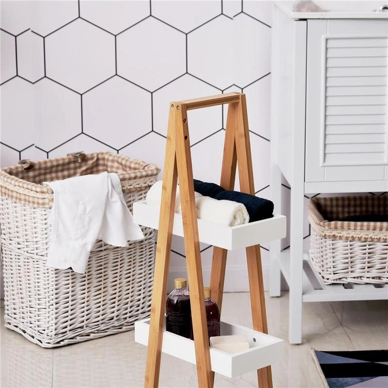 SCAFFALE BAGNO 3 RIPIANI IN MDF E BAMBÙ, 30X18X81CM, COLORE LEGNO E GRIGIO