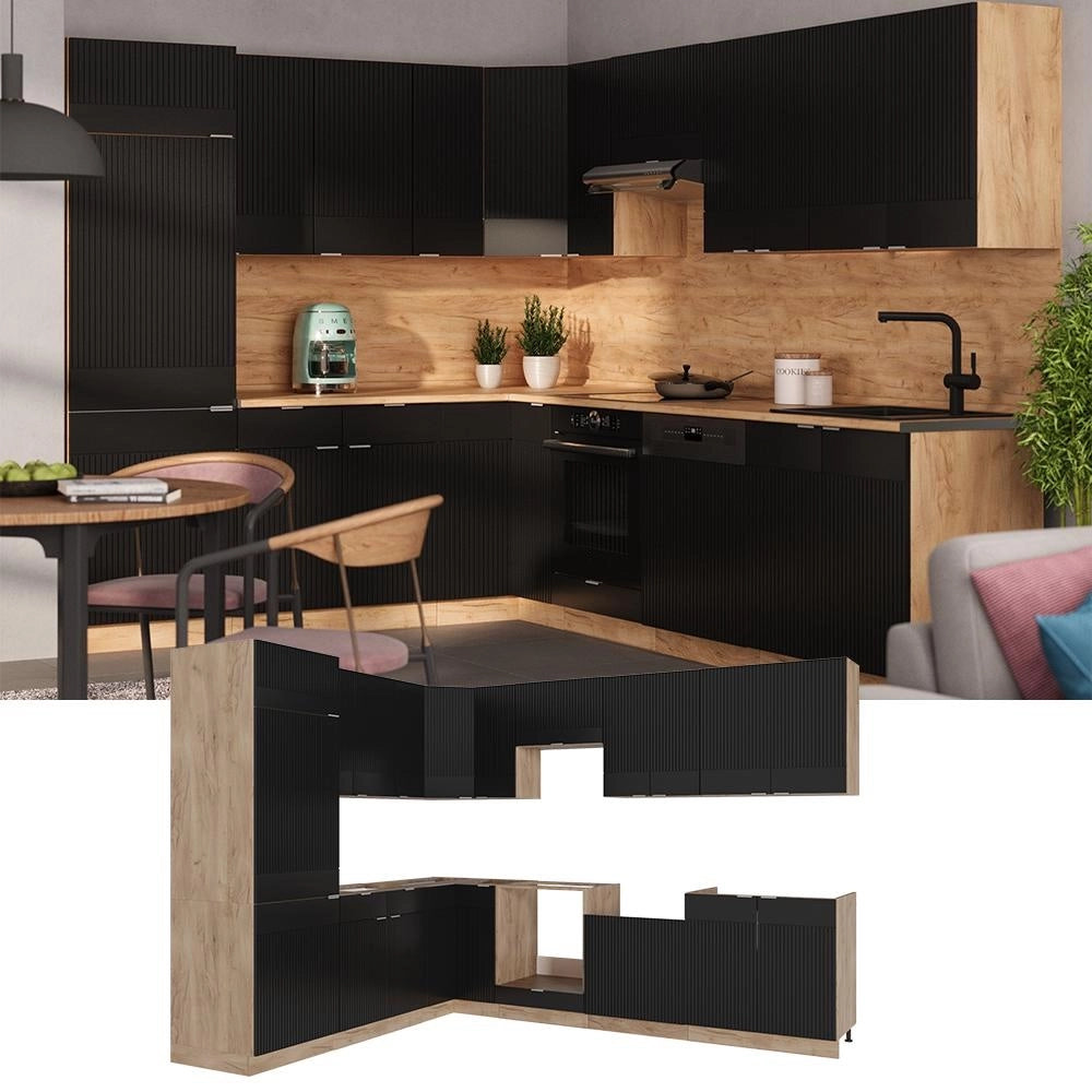 Cucina angolare completa Fame-Line Nero rigato/Rovere dorato 287 x 227 cm, PL Antracite Vicco