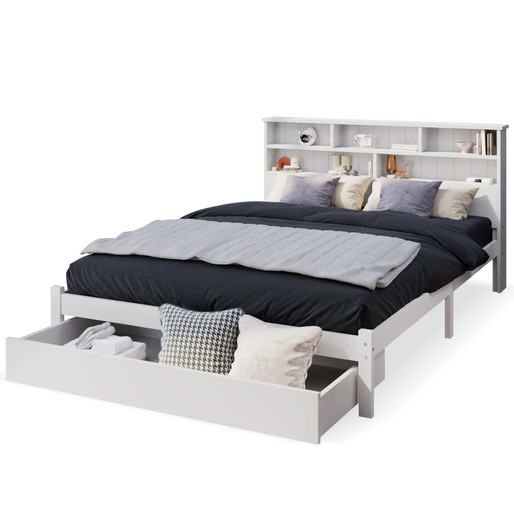 Letto matrimoniale con cassetti 140 ¡Á 200 cm in legno bianco con testiera libreria e rete a doghe
