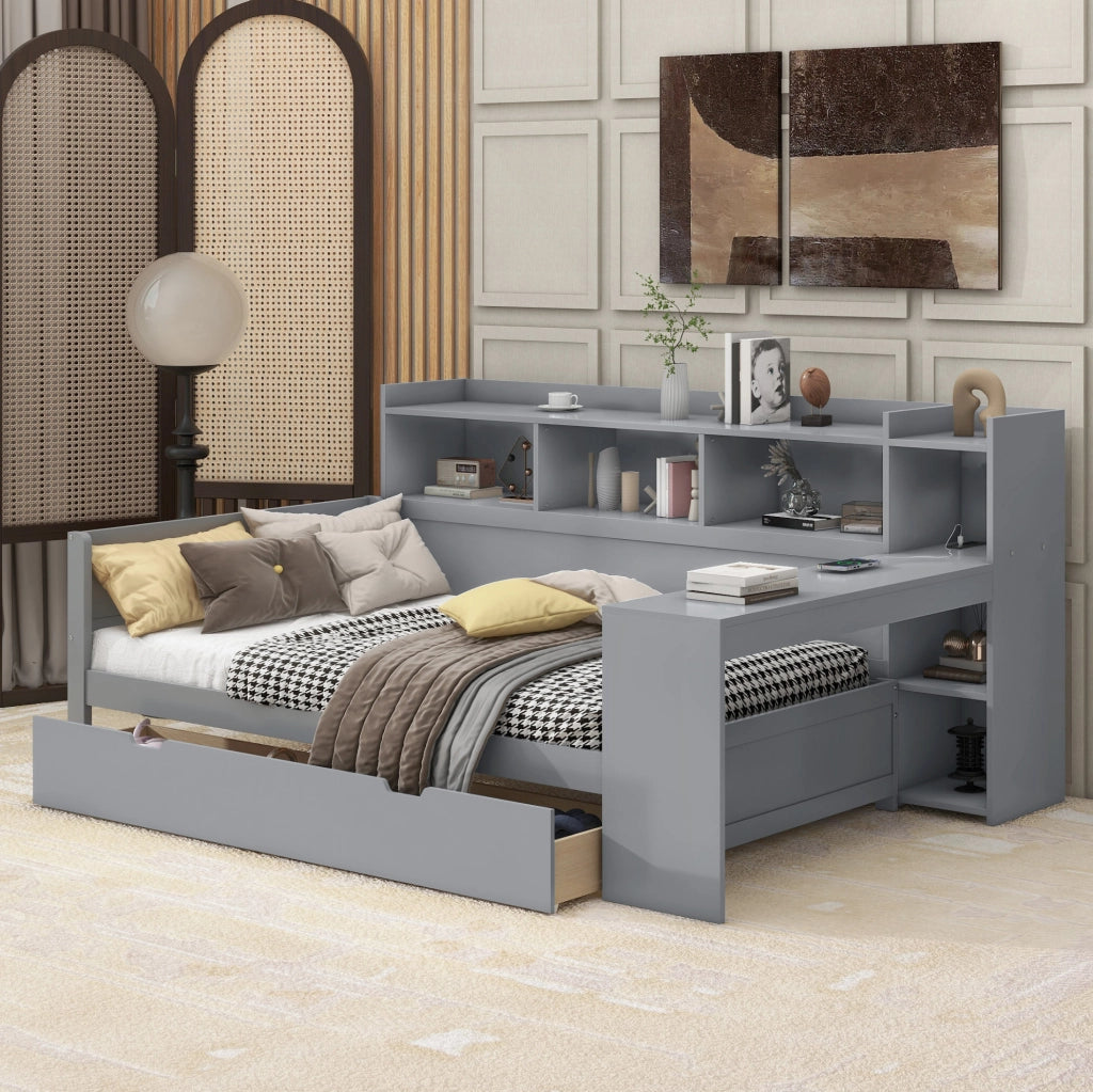 Letto singolo multifunzione 90x200 cm con scrivania; 2 cassetti; prese USB; grigio
