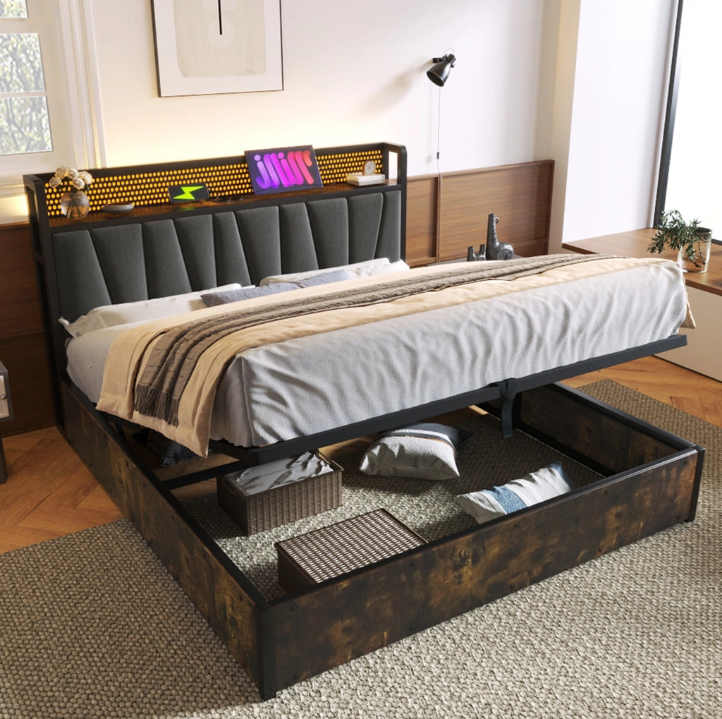 Letto contenitore 180 x 200 cm grigio con testiera LED e prese USB