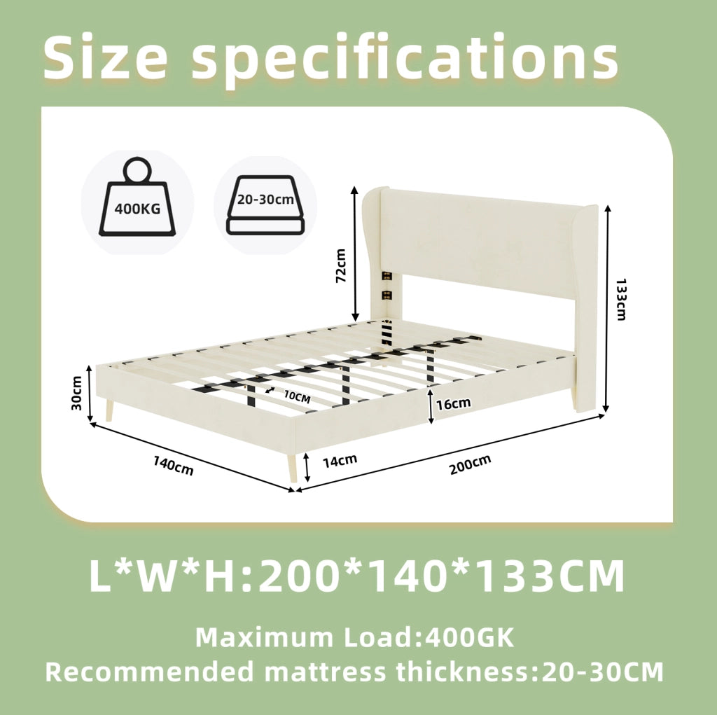 Letto imbottito ULEVR 140x200 cm con testiera e schienale in tessuto beige, struttura in metallo