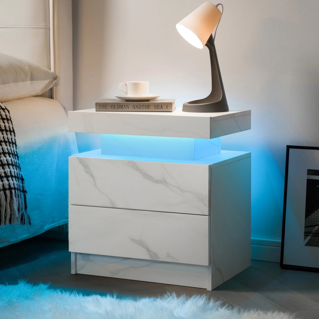 Comodino LED bianco opaco con 2 cassetti e vano aperto