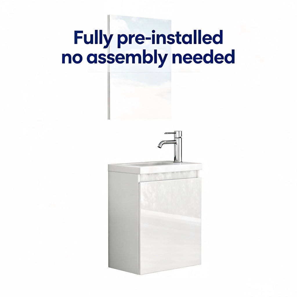 Mobile bagno sospeso 40 cm bianco lucido con lavabo in ceramica e specchio, design senza maniglie, cerniere ammortizzate, salvaspazio, completamente preassemblato