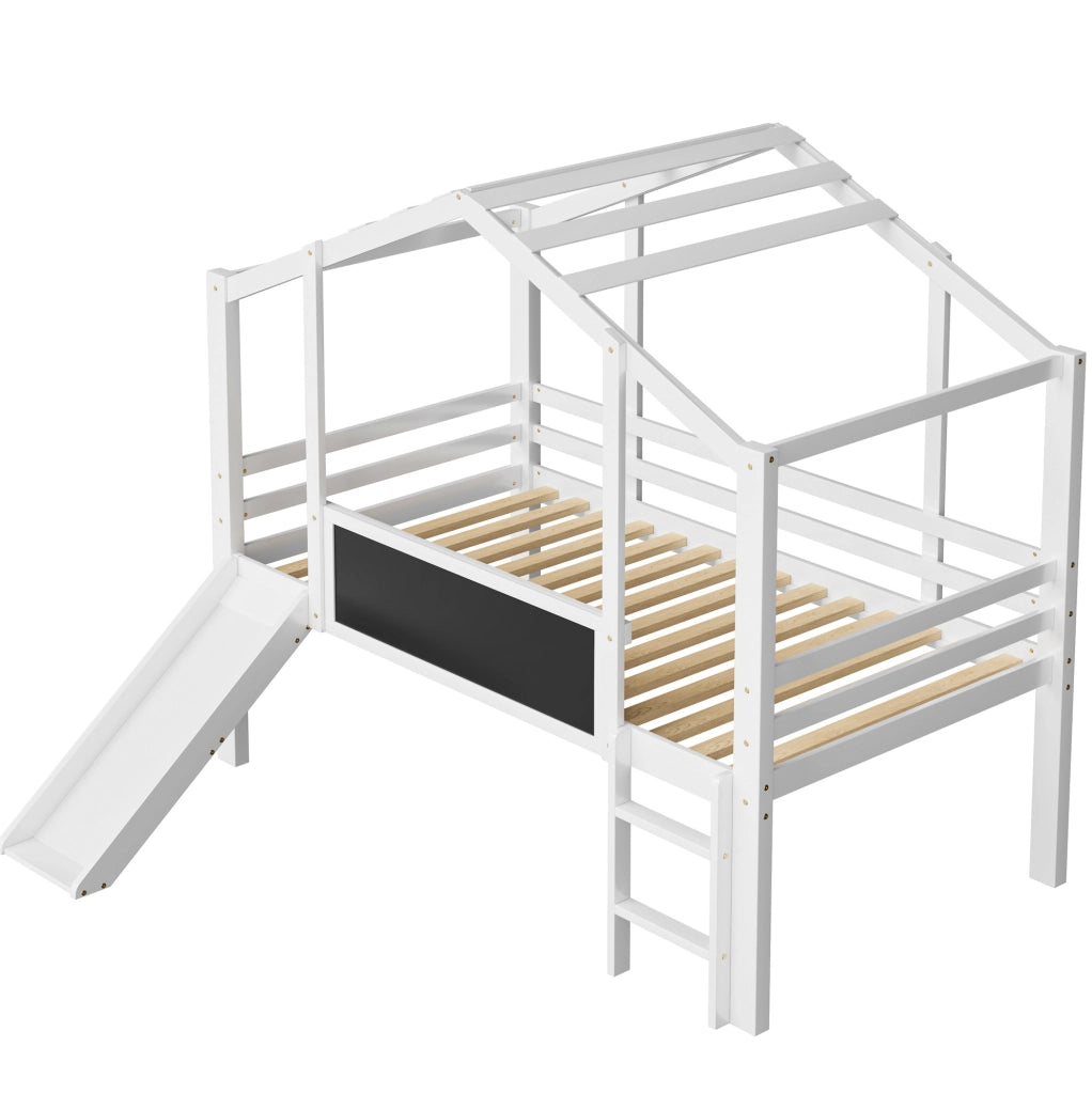 Letto a soppalco per bambini 90 x 200 cm in legno massiccio con scivolo, scaletta e lavagna, design a casetta, colore bianco