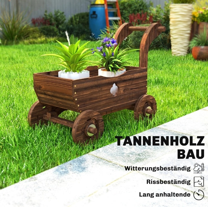 Lettino da giardino in legno di abete carbonizzato con ruote, 68 x 38 x 52 cm, design a carretto vintage