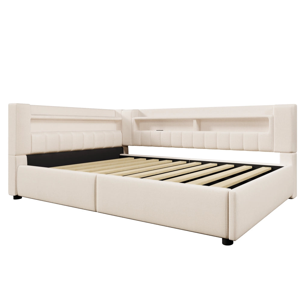 Letto divano contenitore 140x200 cm in lino beige con apertura idraulica; LED; USB e USB-C