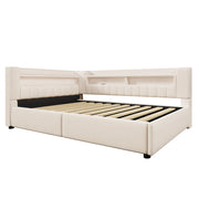 Letto divano contenitore 140x200 cm in lino beige con apertura idraulica; LED; USB e USB-C