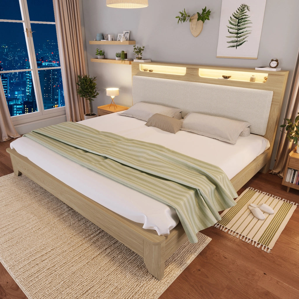 Letto matrimoniale 140 × 200 cm con testiera a mensole; LED regolabile e materasso incluso; MDF e tessuto a coste beige