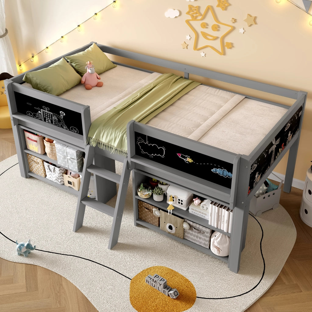 Letto a soppalco singolo 90×200 cm con ripiani; scala e barriera di sicurezza; senza materasso; pino; grigio