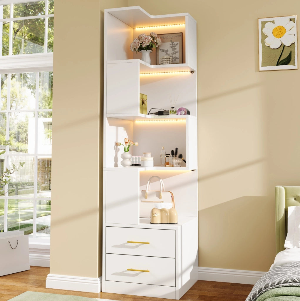 Libreria Angolare Bianca 165 cm con 4 Ripiani, LED Multicolore e 2 Cassetti, Mobile Soggiorno e Camera