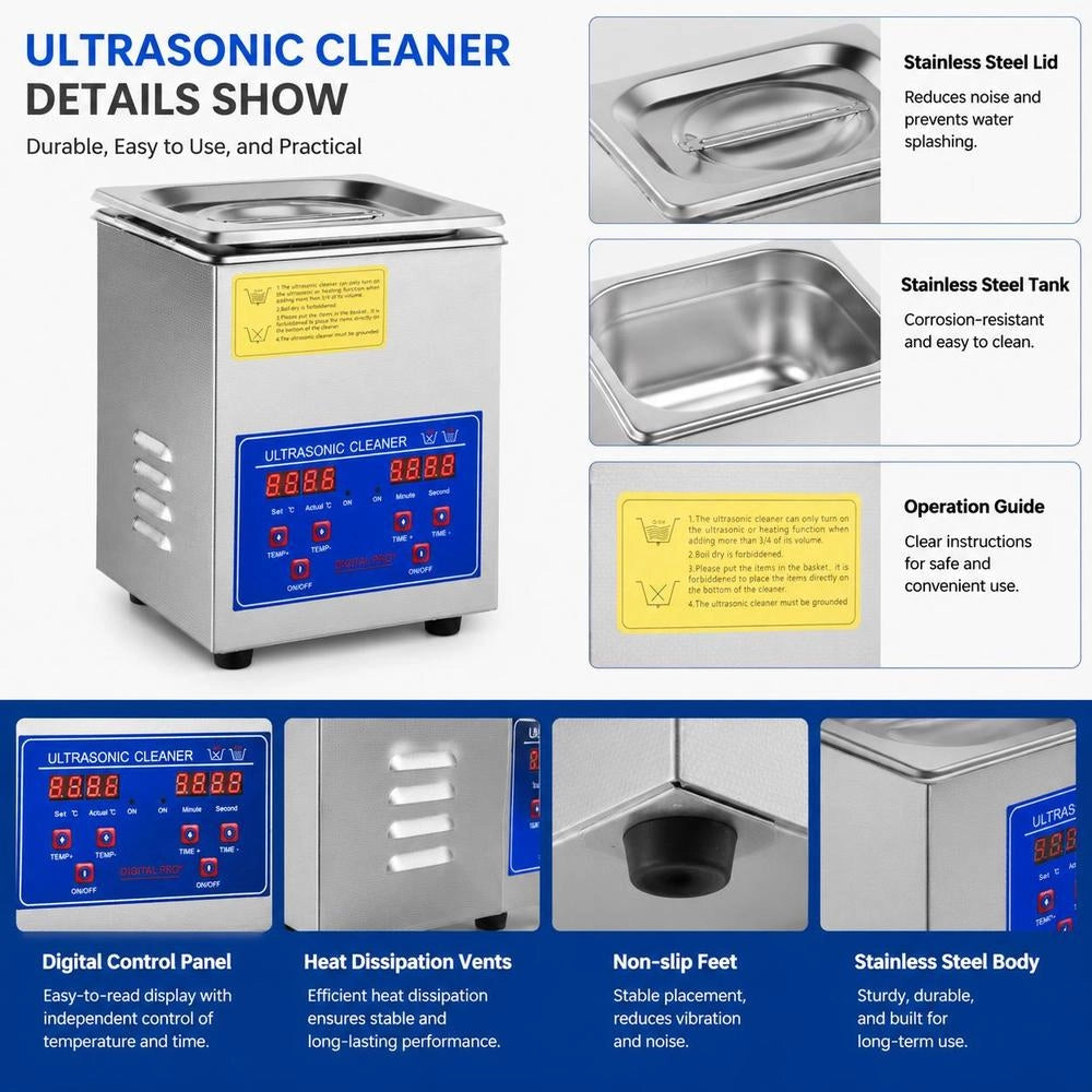 Ultrasonic Cleaner, Ultrasonic Cleaning Device, Heater, Timer, 60W