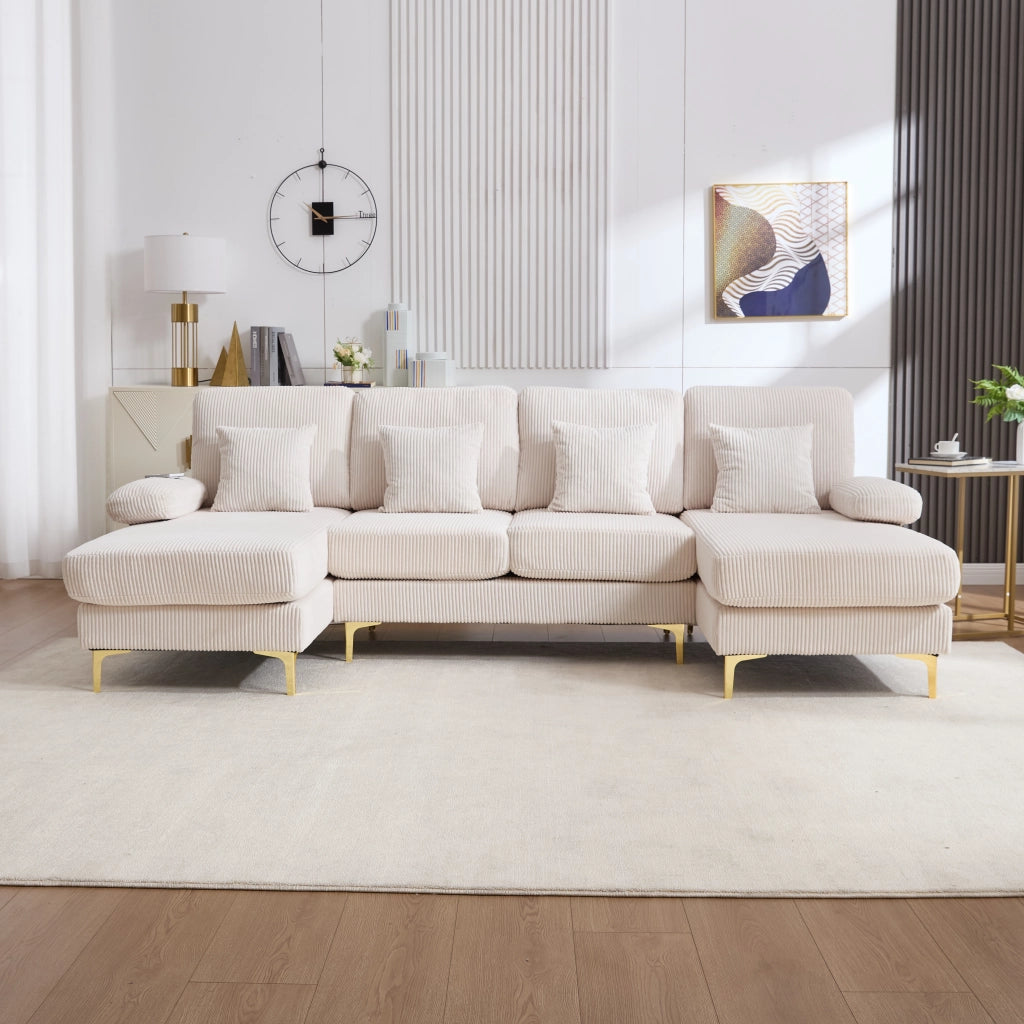 Divano a U 265x135x88 cm con LED e porta USB in velluto beige