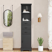 Mobile bagno nero da 38x26x172,5 cm in MDF con 3 cassetti, ripiani regolabili e anta, verniciato per resistenza all'umidità