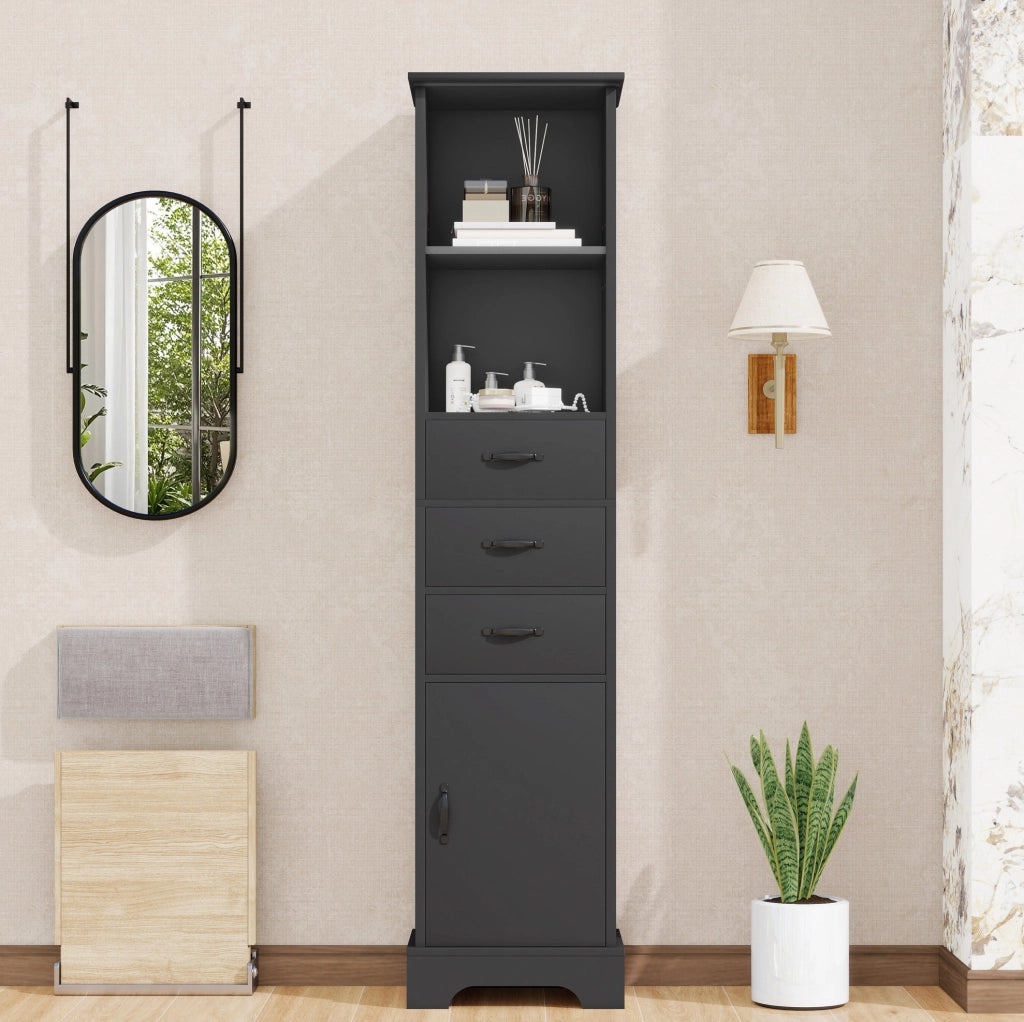 Mobile bagno nero da 38x26x172,5 cm in MDF con 3 cassetti, ripiani regolabili e anta, verniciato per resistenza all'umidità