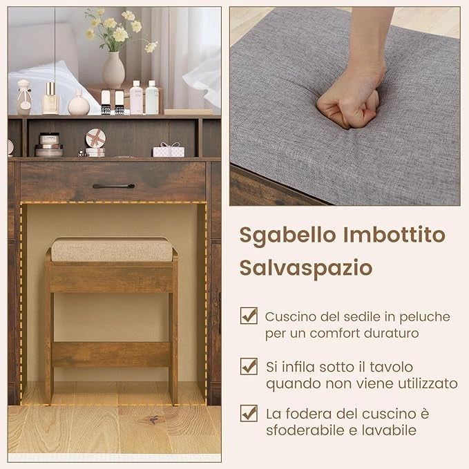 Toeletta da Trucco con 10 Luci, Set Tavolo e Sgabello da Trucco con Stazione di Ricarica, 3 Colori di Luce, 3 Cassetti, 2 Armadietti, Consolle Toeletta per Soggiorno Camera da Letto (Caffè)