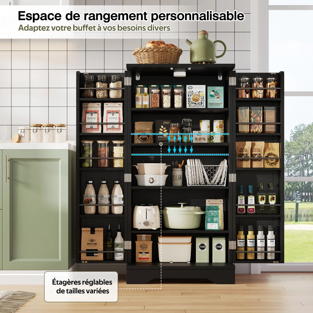 Armadio alto da cucina con luce LED con sensore; ripiano regolabile e ripiano sulla porta; MDF nero; 120 × 60 × 40 cm