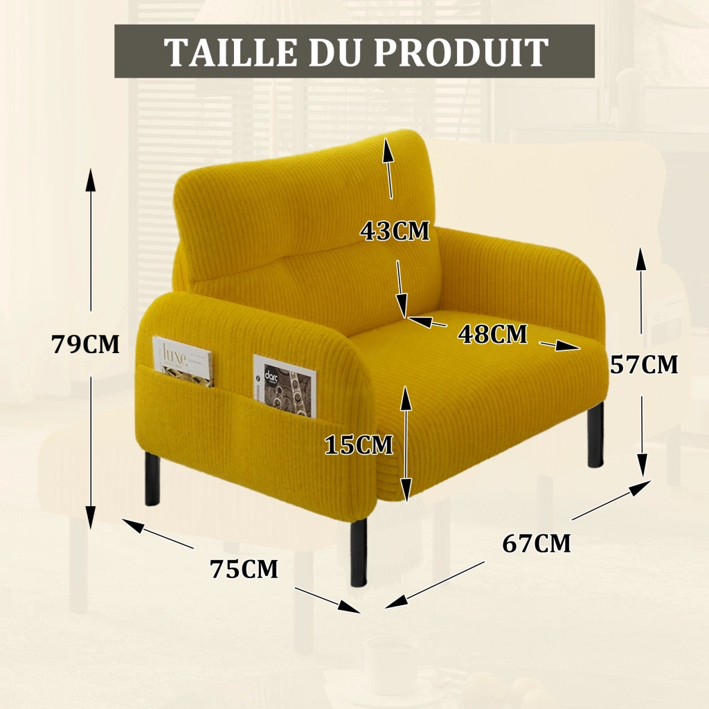 Poltrona singola in velluto a coste giallo con tasca laterale 67x75x79 cm