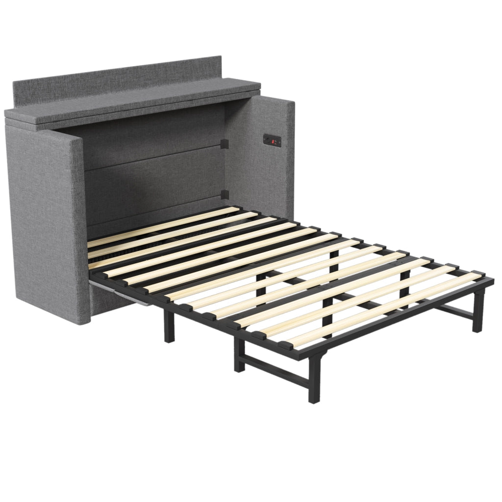 Letto a Scomparsa 140x200 cm in Lino con Cassetto; USB-C e Modulo Contenitore Mobile; Grigio