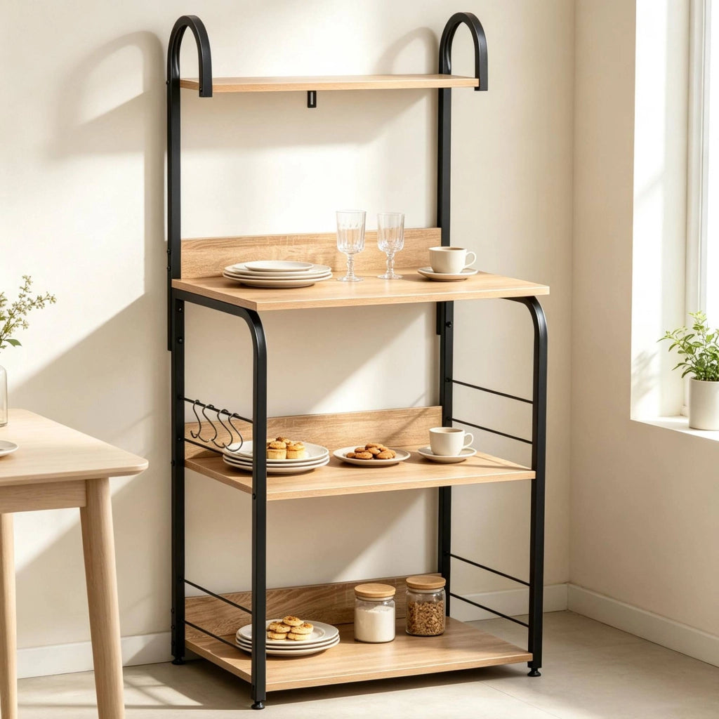 Scaffale da cucina in legno melaminico e metallo con 4 ripiani, 4 ganci, 60x40x125 cm, effetto legno naturale e nero
