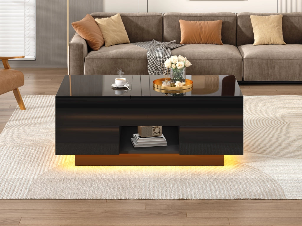 Tavolino da salotto sollevabile nero lucido con luci led 100x45x43 cm