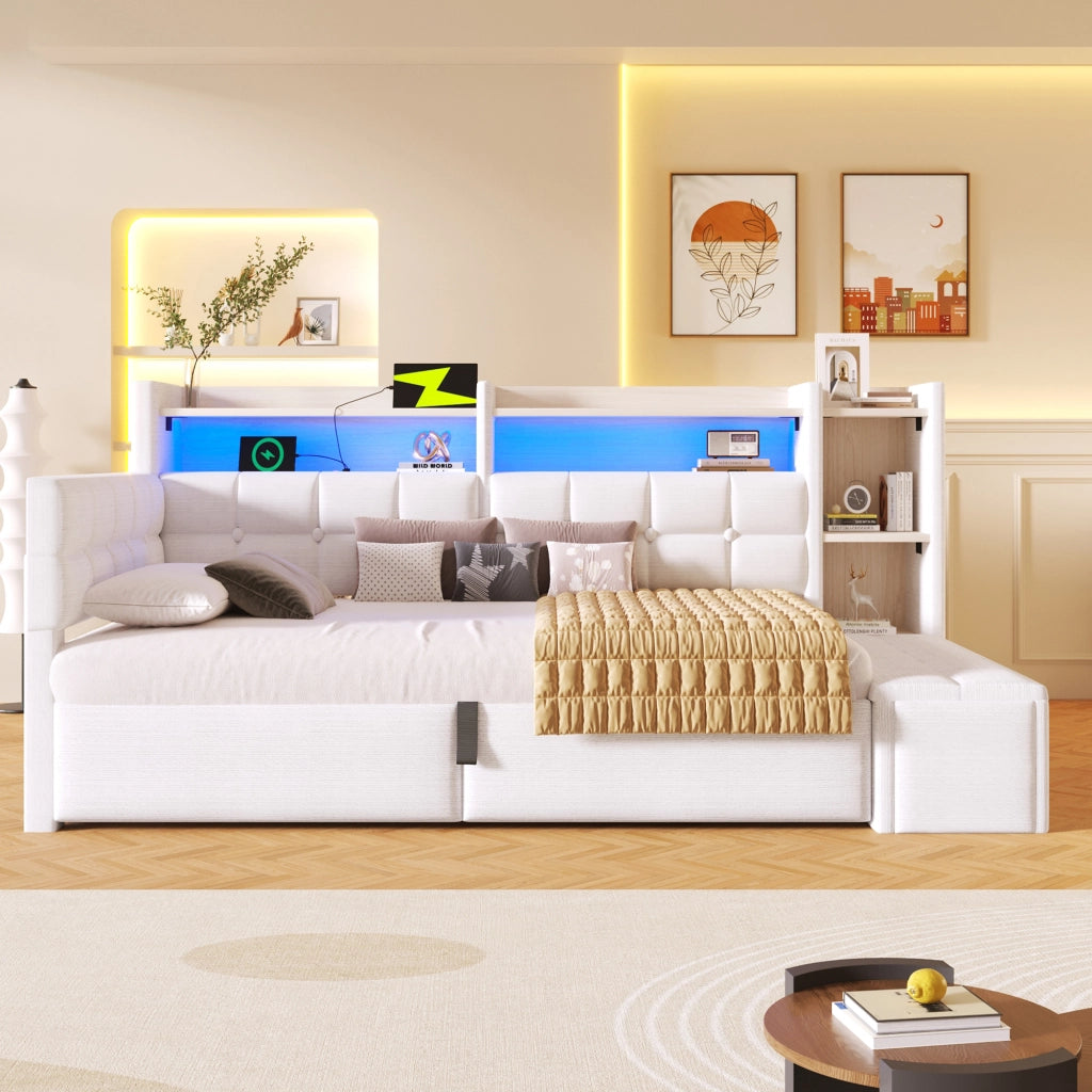 Letto da Giorno 90x200 cm in velluto con Contenitore Idraulico; Panca Contenitore; LED; USB-C; Ripiani Bianco