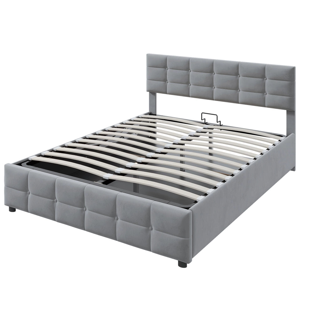 Letto imbottito 180x200 cm con rete a doghe e sollevamento idraulico, rivestimento in velluto olandese grigio